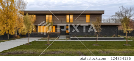 Modern architectural design of a minimalist house with golden windows in autumn setting Modern architectural design of a minimalist house with golden windows in autumn setting 124854126