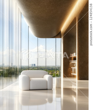 Modern interior design featuring a cozy chair and panoramic window views of the city 124854138