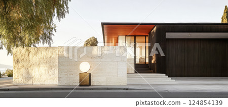 Modern architectural design of a luxury residence in a serene suburban setting 124854139