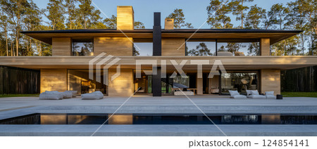 Elegant modern house with large windows and outdoor pool in forest setting during sunset Elegant modern house with large windows and outdoor pool in forest setting during sunset 124854141
