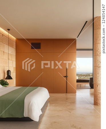 Modern bedroom interior design with panoramic views and warm tones 124854147
