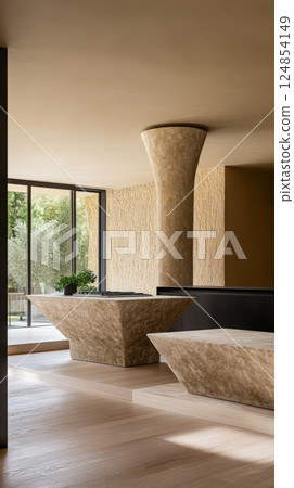 Elegant interior with natural materials and modern design elements in a spacious setting 124854149