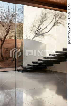 Elegant floating staircase with natural light and desert view highlights modern architecture 124854156