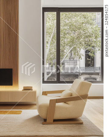 Modern living room with minimalist design and large window overlooking greenery Modern living room with minimalist design and large window overlooking greenery 124854175