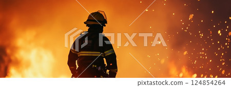 Firefighter clad in protective gear and helmet, confronting a raging inferno with flying sparks during a perilous firefighting operation amid intense heat and smoke 124854264