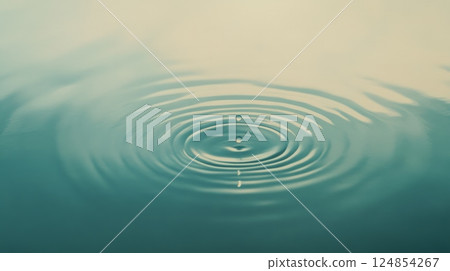 Dropping into tranquil water, creating expanding circular ripples that gracefully spread across the surface, evoking a soothing and meditative atmosphere of peace and purity 124854267
