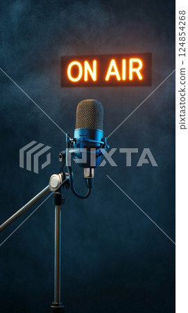 Professional microphone is recording audio in a studio or on stage with an on air sign illuminated, creating a captivating scene of live performance or broadcast 124854268