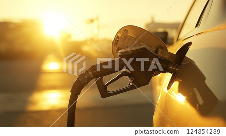 Gas nozzle pumping gasoline into a sleek white car at a gas station, capturing the vibrant hues of a stunning golden hour sunset, highlighting the essence of travel and energy 124854289