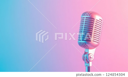 Vintage microphone stands on a gradient blue and pink background, evoking the atmosphere of singing, recording studios, and open mic comedy or musical performances 124854304