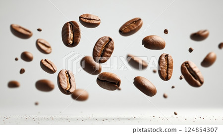 Roasted coffee beans are levitating and falling on a white background, creating a dynamic and aromatic scene, perfect for coffee related projects 124854307