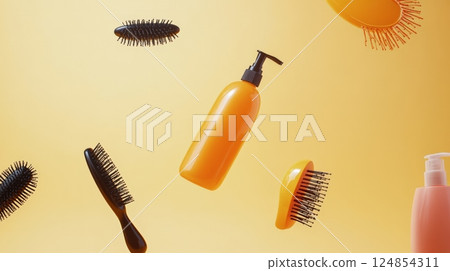 Orange and pink dispenser bottles and various hairbrushes are levitating on a vibrant yellow background, creating a dynamic and playful scene related to hair care and beauty products Orange and pink dispenser bottles and various hairbrushes are levitating on a vibrant yellow background, creating a dynamic and playful scene related to hair care and beauty products 124854311
