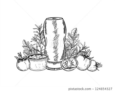 Plastic squeeze ketchup bottle, fresh tomatoes, rosemary, cilantro, parsley, and sauce bowl line art black ink sketch. Tomato and herbs dip for packaging, organic food branding, cooking blogs. 124854327