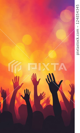 Silhouetted audience members are raising their hands and cheering, enjoying live music performance under vibrant, colorful stage lights, creating an energetic and exciting atmosphere Silhouetted audience members are raising their hands and cheering, enjoying live music performance under vibrant, colorful stage lights, creating an energetic and exciting atmosphere 124854345