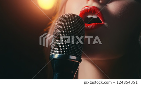 Close up of female singer with red lipstick singing passionately into vintage microphone, illuminated by warm spotlight in a professional recording studio 124854351