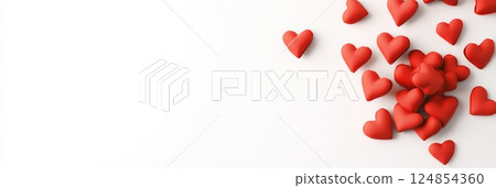 Scattered red hearts on a pristine white surface create a charming romantic backdrop, perfect for valentine's day and love themed occasions, with ample copy space 124854360