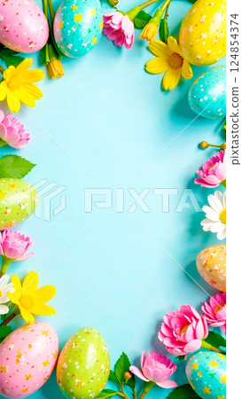 Frame of easter eggs and flowers on blue background with copy space 124854374