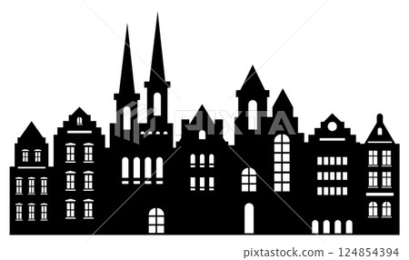 Laser cutting building of Amsterdam style. Urban abstract background. Laser cut silhouette 124854394