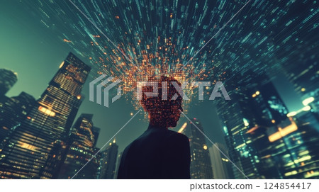Streams of digital data exploding from a businessmans head symbolize information overload and the challenges of processing vast amounts of information in a futuristic cityscape 124854417