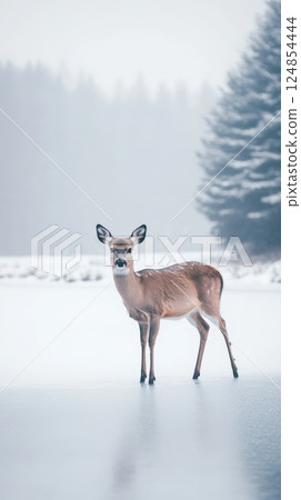 White tailed deer standing on a frozen lake in a snowy winter landscape, creating a serene and captivating scene of wildlife in its natural habitat 124854444