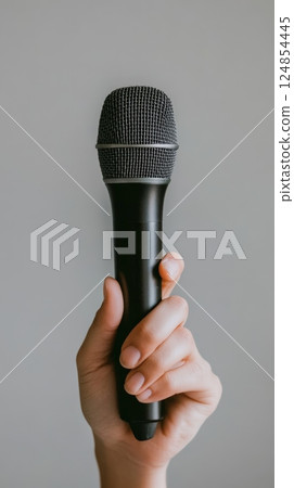 Hand gripping a microphone firmly, poised for a vocal performance, speech, or presentation, set against a neutral gray backdrop that enhances focus on the action Hand gripping a microphone firmly, poised for a vocal performance, speech, or presentation, set against a neutral gray backdrop that enhances focus on the action 124854445