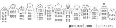 Urban abstract background. Set of Amsterdam style houses. Seamless border. Stylized facades of buildings in old European view Urban abstract background. Set of Amsterdam style houses. Seamless border. Stylized facades of buildings in old European view 124854460