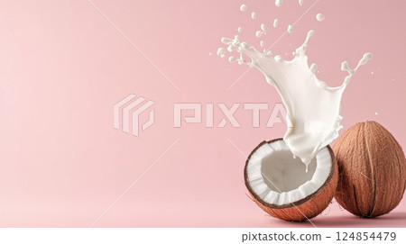 Coconut milk is splashing from a levitating opened coconut half, next to a whole coconut, on a clean pink background, creating a dynamic and refreshing scene 124854479