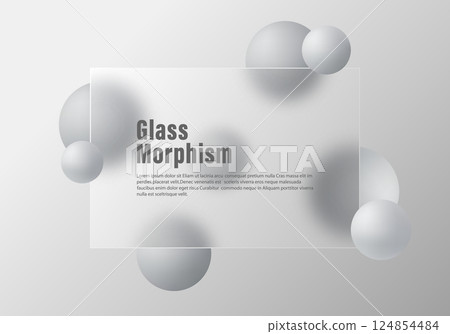 Glass morphism vector background with gray spheres and transparent frosted panel 124854484