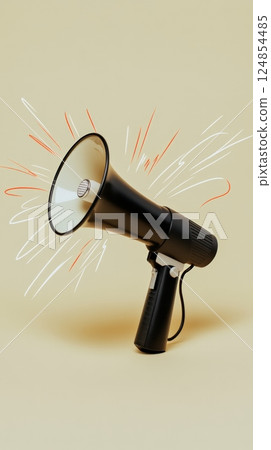 Black megaphone making a loud announcement with hand drawn sound waves emanating from it, set against a vibrant yellow backdrop, representing communication, announcements, and important messages 124854485