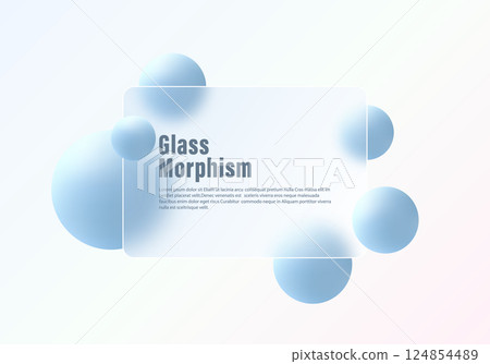 Glass morphism vector background with transparent panel and blue spheres Glass morphism vector background with transparent panel and blue spheres 124854489
