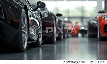 Many luxury cars are neatly parked in a showroom, their polished surfaces gleaming under the bright lights, creating reflections on the spotless floor 124854494