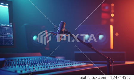 Professional microphone setup in a recording studio, capturing vocals and instruments, surrounded by a mixing console and colorful stage lighting for vibrant music production 124854502