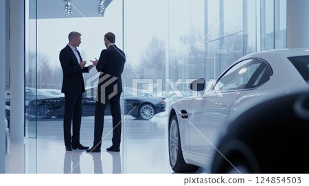 Two businessmen are discussing in front of a white luxury car inside a modern car dealership showroom, other vehicles are visible in the background 124854503
