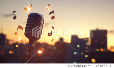 Vintage microphone capturing melodies while musical notes dance in the warm sunset glow, framed by a blurred cityscape that inspires urban harmony Vintage microphone capturing melodies while musical notes dance in the warm sunset glow, framed by a blurred cityscape that inspires urban harmony 124854504