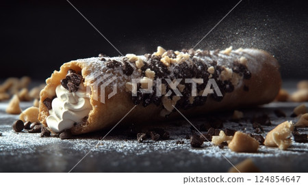 Decadent chocolate covered dough with smooth icing dripping elegantly on a white plate 124854647