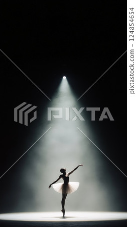 Graceful ballerina dancing on a dark stage, bathed in a single spotlight, highlights the drama and artistry of her performance, showcasing elegance and skill in every movement 124854654