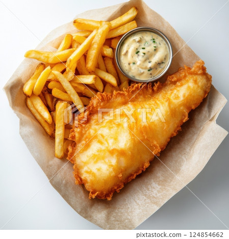 Complete fish and chips meal served on a plate with accompaniments and flavorful sauce 124854662