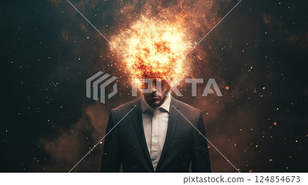 Businessman experiencing an explosion of stress and information overload, symbolizing burnout syndrome with flames and ashes, capturing the struggle against mental health challenges 124854673