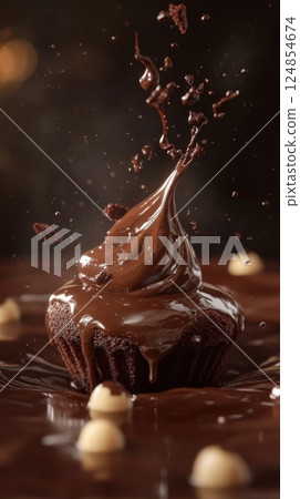 Tempting chocolate cupcake with chocolate filling splashing out and topped with icing swirl 124854674