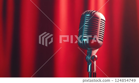 Classic microphone stands ready for a singer's performance, illuminated against a vibrant red stage curtain, creating an evocative scene of anticipation and musical expression 124854749