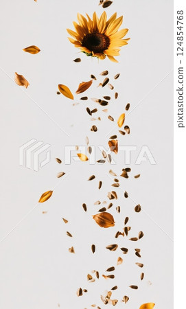 Sunflower head with seeds and petals falling down against a white background, creating a visually appealing arrangement with potential use for various design purposes 124854768