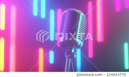 Vintage microphone is illuminated by vibrant neon lights, creating a colorful backdrop for a musical performance, podcast recording, or stand up comedy show 124854770