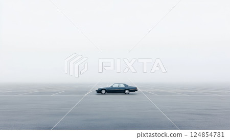 Classic car parked in an empty parking lot on a foggy day, enveloped in a mysterious atmosphere that evokes feelings of nostalgia and quiet solitude 124854781
