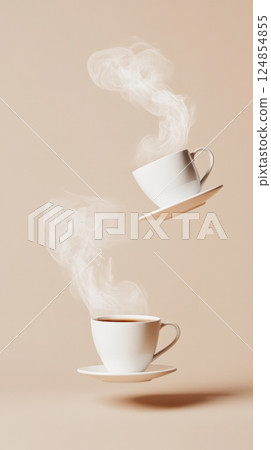 Two white porcelain cups, one filled with a dark brown liquid and the other empty, levitate on saucers with swirling steam rising from them against a warm beige backdrop 124854855