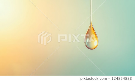 Golden translucent drop dripping against a light green and yellow background, evoking purity, freshness, and well being, ideal for cosmetics and natural products 124854888