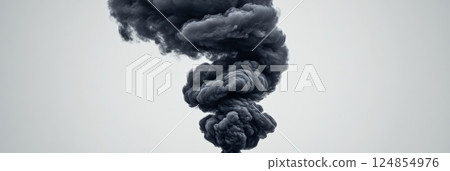 Black smoke swirling and billowing, creating abstract patterns against a stark white backdrop, evokes a sense of mystery and drama, potentially symbolizing fire, pollution, or industrial emissions Black smoke swirling and billowing, creating abstract patterns against a stark white backdrop, evokes a sense of mystery and drama, potentially symbolizing fire, pollution, or industrial emissions 124854976