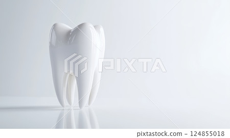 White healthy tooth represents excellent dental hygiene and care, promoting oral health and preventative dentistry on a clean white background with copy space 124855018