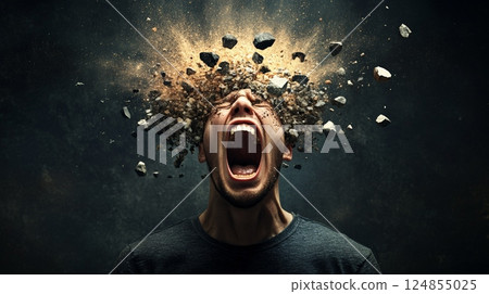 Man suffering from information overload screaming with his head exploding into small rocks and dust representing stress, burnout, migraine, dementia, and mental health issues 124855025