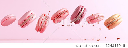 Seven colorful macarons are levitating on a pink background, with crumbs falling around them, creating a visually appealing and delicious scene 124855046