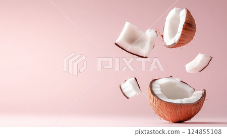 Coconut pieces floating on a pastel pink background creating a tropical and refreshing summer vibe, ideal for advertising campaigns or beauty products 124855108