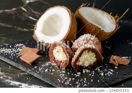Delicious homemade chocolate coconut cookies, close-up 124855153